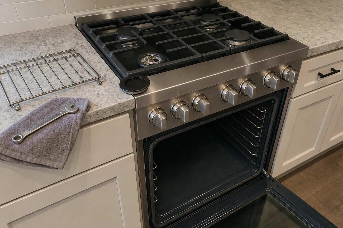 Stainless gas range with the oven door open, one burner grate and cap lifted onto the worktop and a wrench on a folded towel