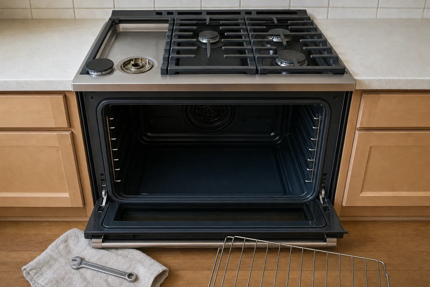 Stainless slide-in gas range in oak cabinets, oven door open, grates lifted off the left burners and an oven rack on the floor