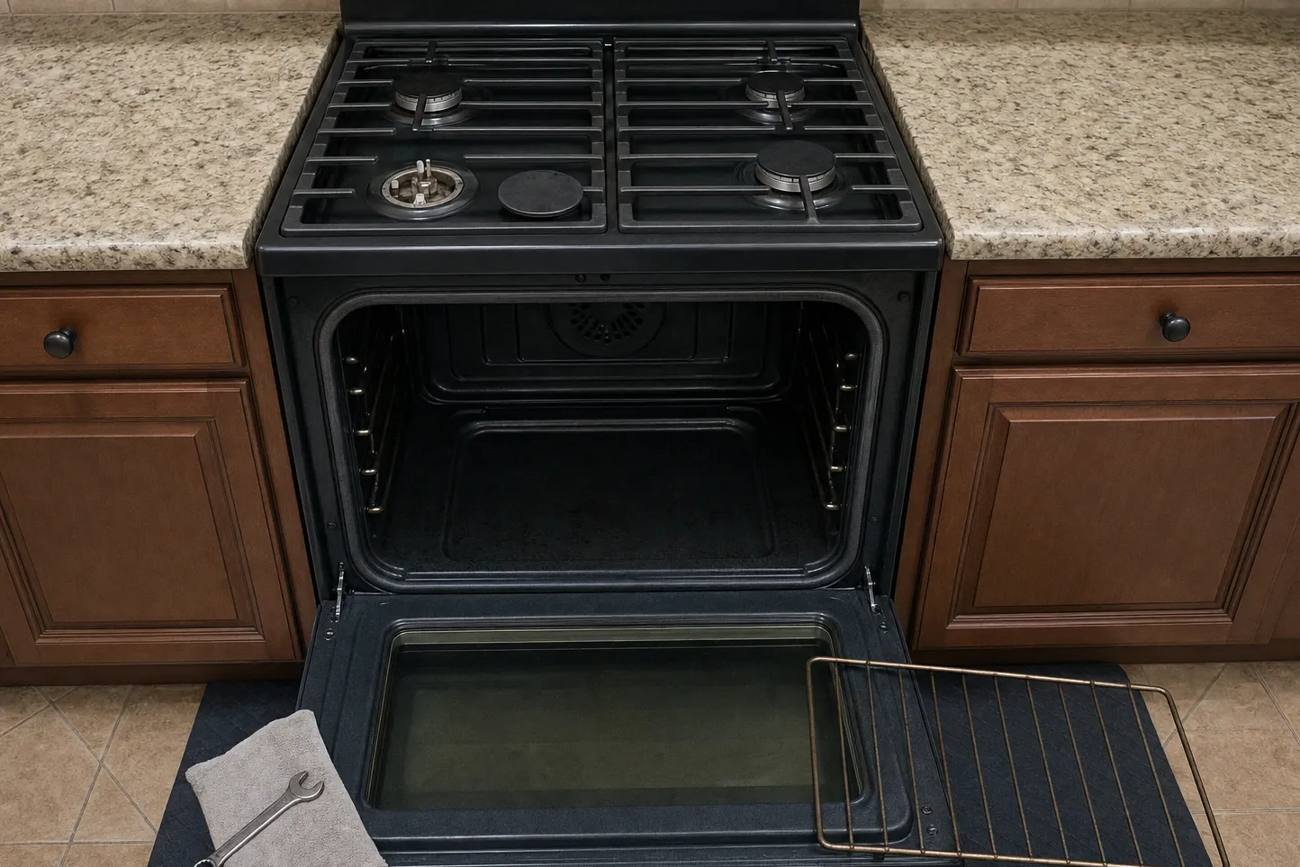 Black gas range between cherry cabinets seen head-on, one burner uncapped with the cap on the cooktop, the oven door fully down and the rack out on the floor