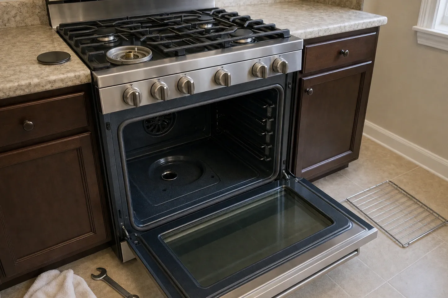 Oven cavity of a stainless range standing open with the round burner cover plate in the cavity floor and the convection fan cover on the side wall